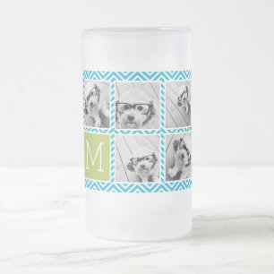 Aqua and Lime Instagram 5 Photo Collage Monogram Frosted Glass Beer Mug