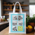 Aqua and Lime Instagram 5 Photo Collage Monogram Reusable Grocery Bag<br><div class="desc">Green and Blue Chevron Pattern - Use five square photos to create a unique and personal gift. Or you can keep the hipster puppy and make a trendy keepsake. If you need to adjust the pictures,  click on the customise tool to make changes.</div>