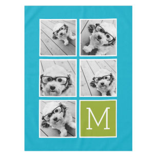 Aqua and Lime Instagram 5 Photo Collage Monogram Tablecloth
