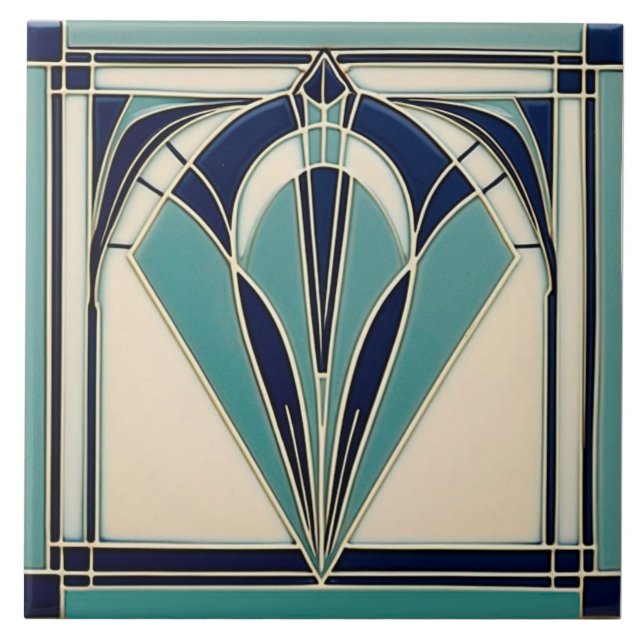 Aqua and Navy Blue Art Deco Ceramic Tile (Front)