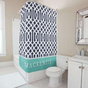Aqua and Navy Blue Trellis Monogrammed Shower Curtain