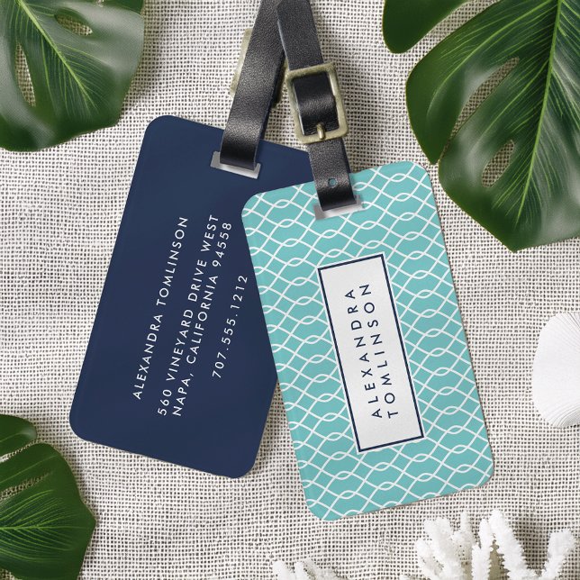 Aqua and Navy Lattice Pattern Luggage Tag (Creator Uploaded)