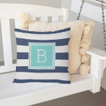 Aqua and Navy Stripe Monogram Outdoor Outdoor Cushion<br><div class="desc">Add bold, modern style to your patio, deck or pool with our monogrammed outdoor throw pillow in classic nautical navy blue and white with a pop of aqua. Design features wide navy and white horizontal stripes on both sides, with your single initial monogram on the front in vibrant, summery turquoise...</div>