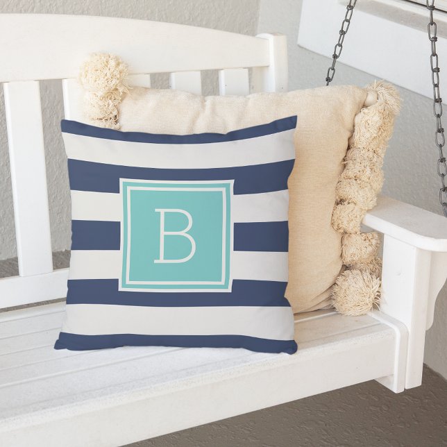 Aqua and Navy Stripe Monogram Outdoor Outdoor Cushion (Creator Uploaded)