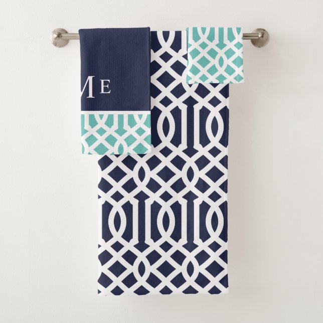 Aqua and Navy Trellis Monogram Bath Towel Set (Insitu)