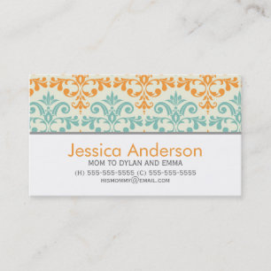 Aqua and Orange Damask Pattern Calling Cards