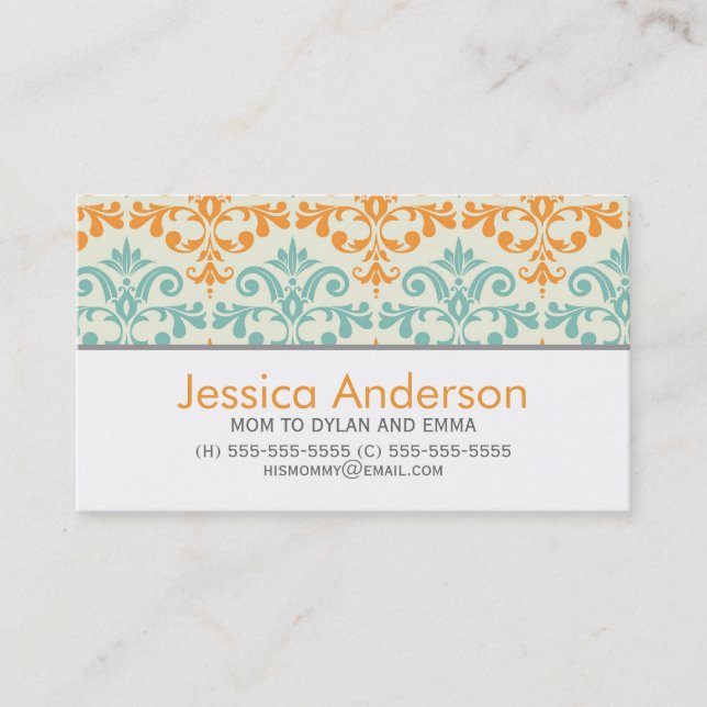 Aqua and Orange Damask Pattern Calling Cards (Front)