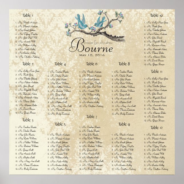 Aqua and Pink birds on branch seating chart (Front)
