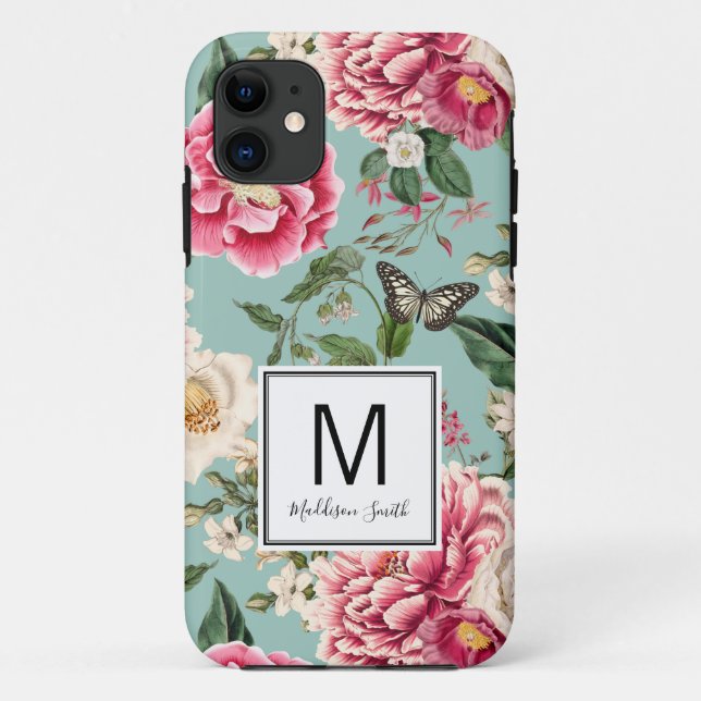 Aqua and Pink Floral Flower Garden Add Your Name Case-Mate iPhone Case (Back)