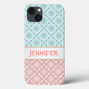 Aqua and Pink Girly Geometric Design Personalised iPhone 13 Case