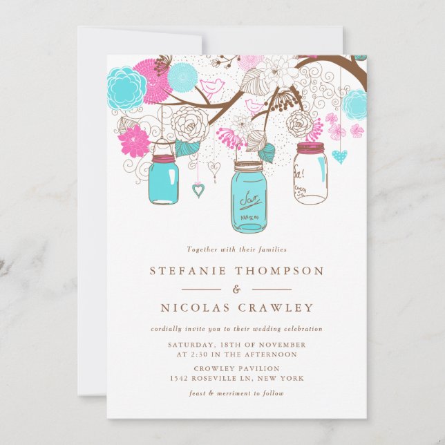 Aqua and Pink Hanging Mason Jars Wedding Invitation (Front)