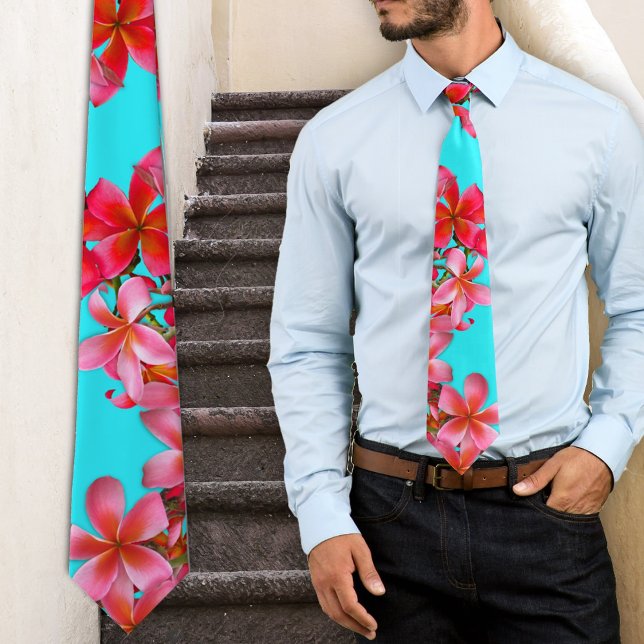 Aqua and Pink Hawaiian Plumeria Print Tie (Creator Uploaded)
