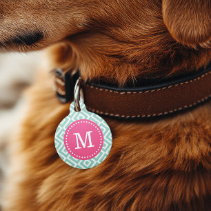 Aqua and Pink Ikat Diamonds Monogram Pet Tag