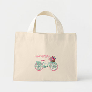 Aqua and Pink Vintage Bike with Flowers Customise Mini Tote Bag