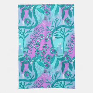 Aqua and Pink Whimsical Magic Garden Tea Towel
