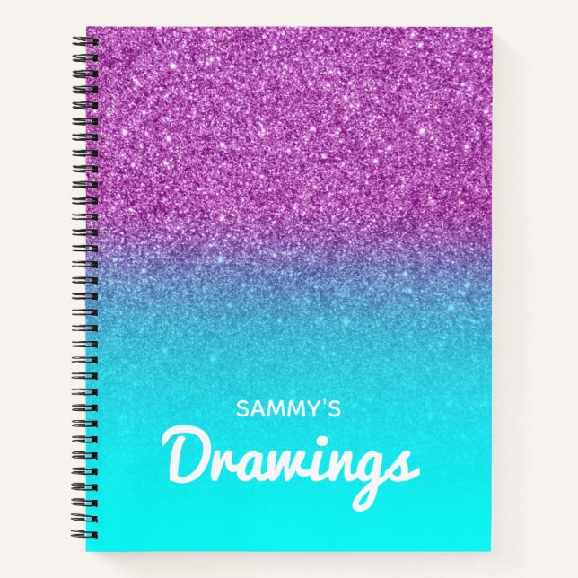 Aqua and Purple Glitter Ombre Drawing Notebook (Front)