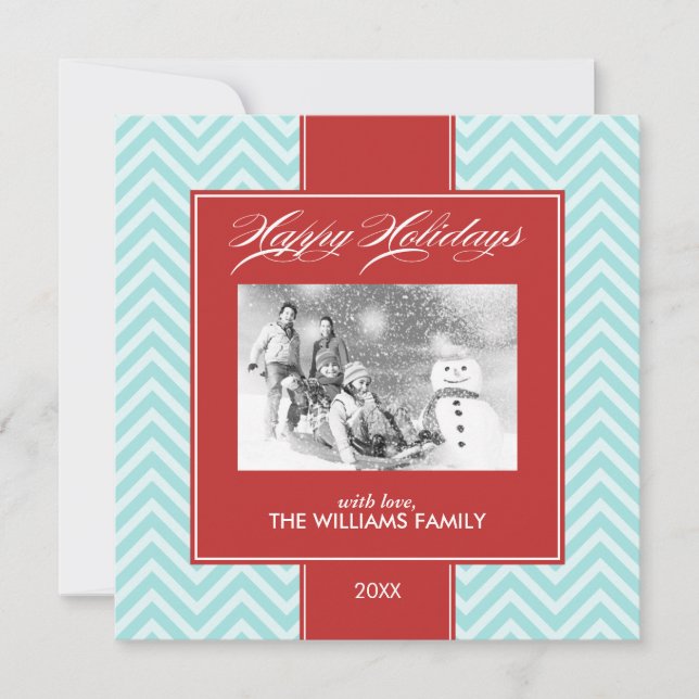 Aqua and Red Chevrons Custom Holiday Cards (Front)