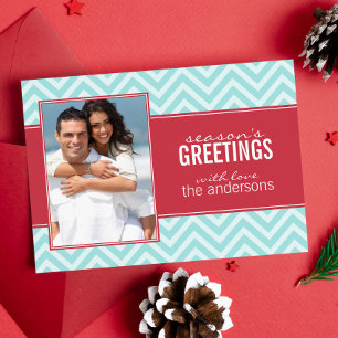 Aqua and Red Chic Chevrons Custom Holiday Cards
