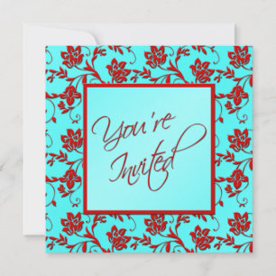 Aqua and Red Floral "You're Invited" Invitation