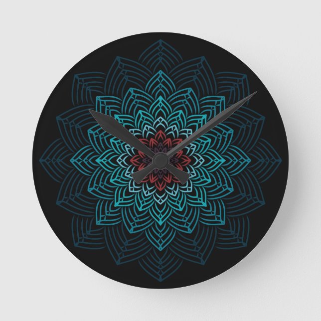Aqua and Red Flower Mandala Round Clock (Front)