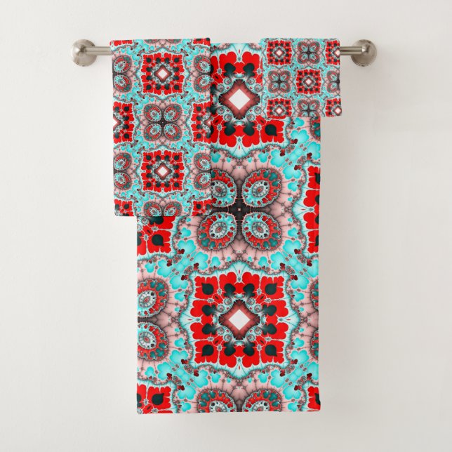 Aqua and Red Tile Pattern Bath Towel Set (Insitu)