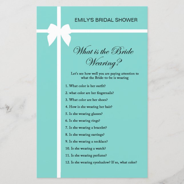 Aqua and Ribbon Bridal Shower Game PRINTED (Front)