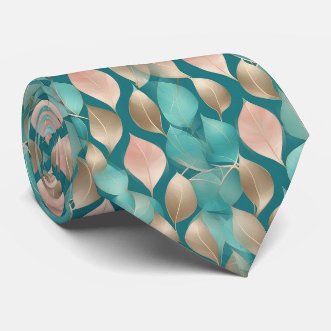 Aqua and Rose Gold Leaves Tie (Rolled)