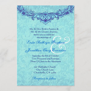 Aqua and Royal Blue Vintage Monogram Wedding H346 Invitation