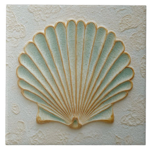 Aqua and Sand Coastal Scallop Shell Tile