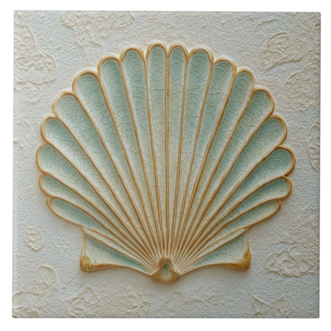 Aqua and Sand Coastal Scallop Shell Tile (Front)