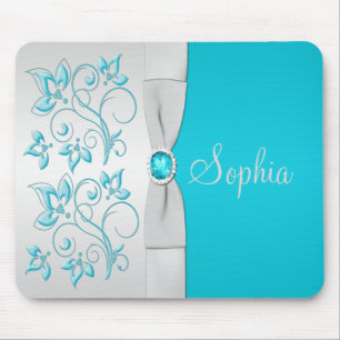 Aqua and Silver Floral Mousepad
