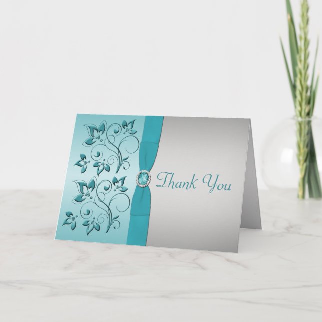 Aqua and Silver Floral Thank You Card (Front)