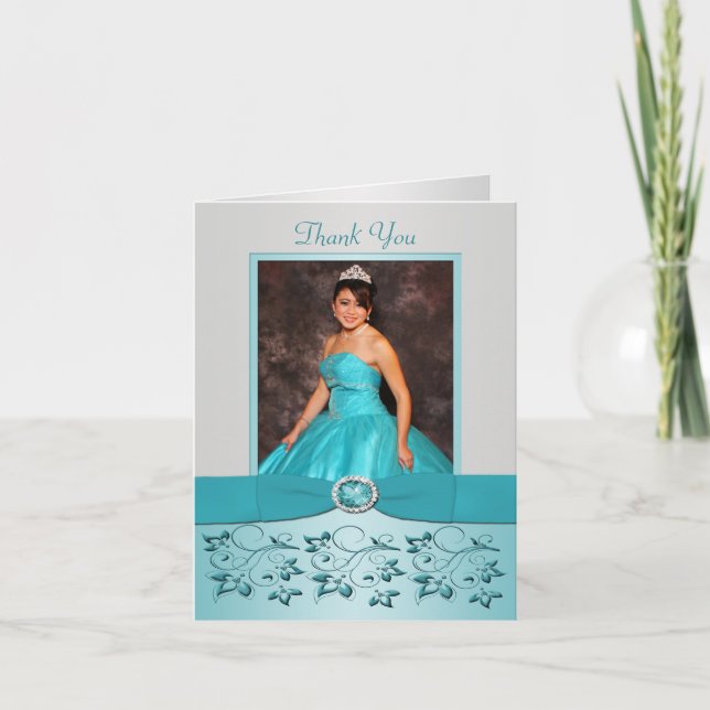 Aqua and Silver Floral Thank You card with Photo (Front)