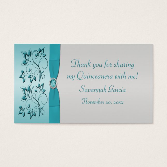 Aqua and Silver Quinceanera/Sweet 16 Favour Tag (Front)