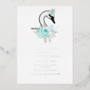 Aqua and Silver Swan Quinceañera Foil Invitation