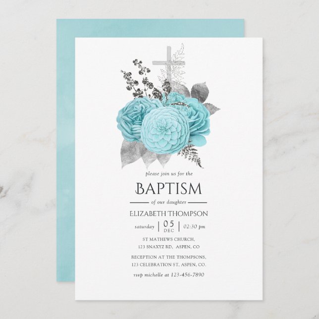 Aqua and Silver Vintage Shabby Roses Baptism Invitation (Front/Back)