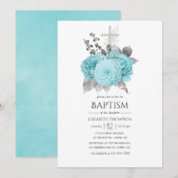 Aqua and Silver Vintage Shabby Roses Baptism