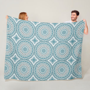 Aqua and Taupe Detailed Mandala Pattern Fleece Blanket