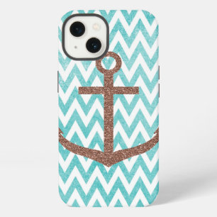 Aqua and White Chevron Glitter Anchor iPhone 13 Case