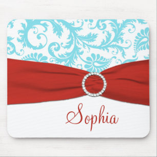 Aqua and White Damask, Faux Red Ribbon Mousepad