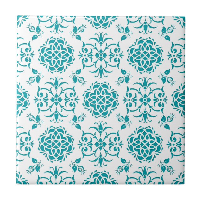 Aqua and White Floral Damask Pattern Tile (Front)