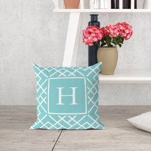 Aqua and White Geometric Bamboo Lattice Monogram Cushion