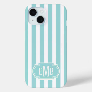Aqua and White Monogrammed Stripes iPhone 15 Case
