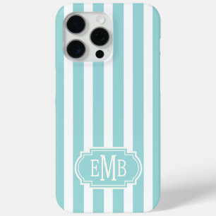 Aqua and White Monogrammed Stripes iPhone 15 Pro Max Case