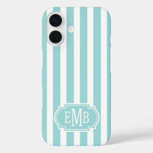 Aqua and White Monogrammed Stripes iPhone 16 Case