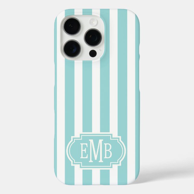 Aqua and White Monogrammed Stripes Case-Mate iPhone Case (Back)
