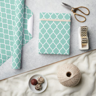 Aqua and White Moroccan Quatrefoil Wrapping Paper