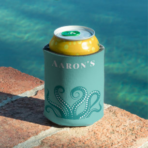 Aqua and White Octopus Tentacles Custom  Can Cooler