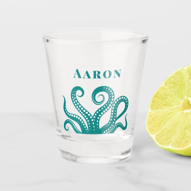Aqua and White Octopus Tentacles Custom  Shot Glass (Front)