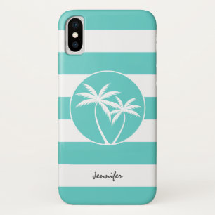 Aqua and White Palm Logo Stripes with Name Case-Mate iPhone Case